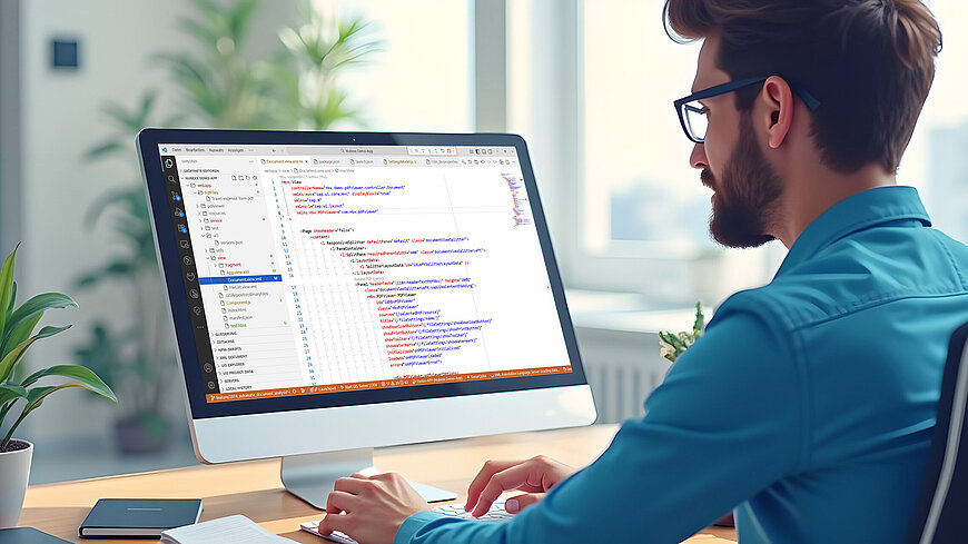 A person is sitting in front of a desktop computer and working on an IDE.