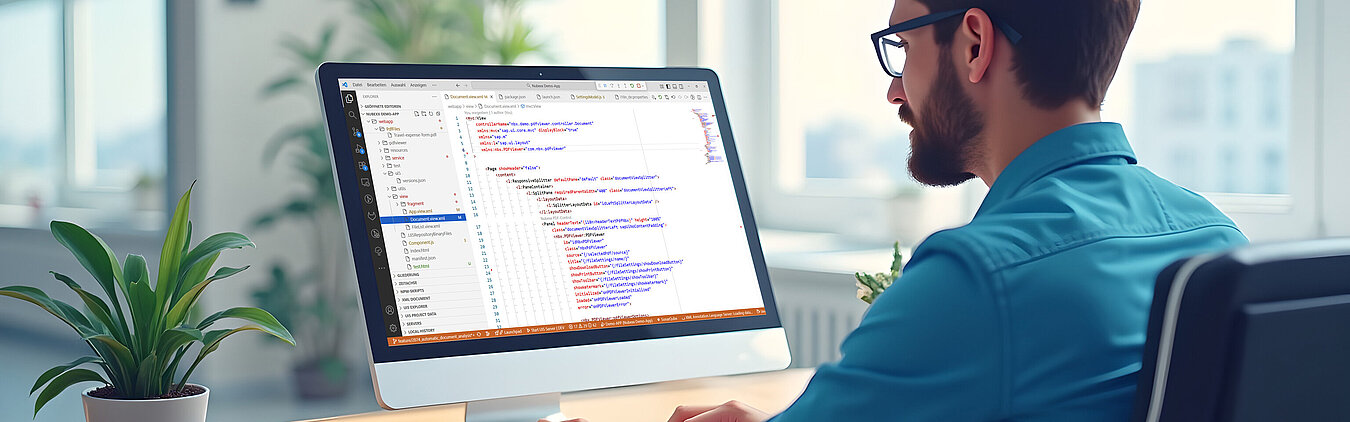 A person is sitting in front of a desktop computer and working on an IDE.